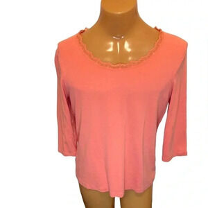 Laura Ashley Women’s Knit Crochet Collar Salmon Color Top. Measurements in pics